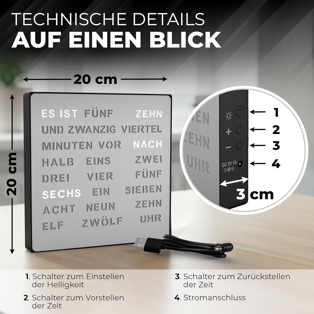 Bada Bing Edle LED Wortuhr Uhr Deutsche Wort Anzeige mit USB Kabel Metall Optik Silber Design Wanduh