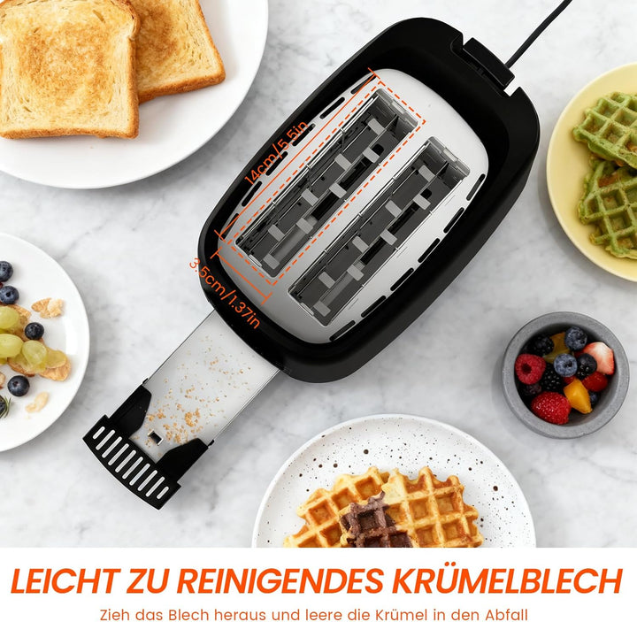 Toaster 2 Scheiben 750W Mini Toaster Schwarz Kompakt Design Mit 7 Bräunungsstufen Auftau Aufwärm Sto
