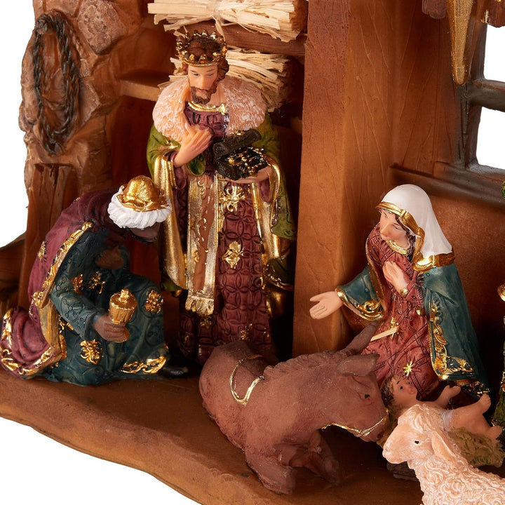 BRUBAKER Weihnachtskrippe - 40 cm Tischkrippe Weihnachtsfigur mit handbemalten Figuren Jesus, Maria,
