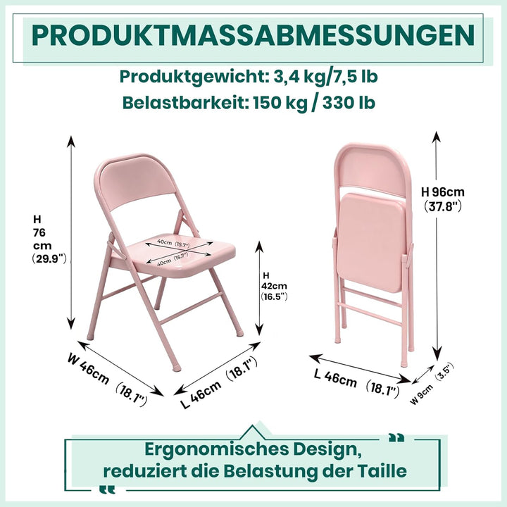 Vollstahl-Klappstuhl 4er Set, Schwerlast-Metallklappstuhl, Ergonomische Rückenlehne, Leicht &amp; platzs