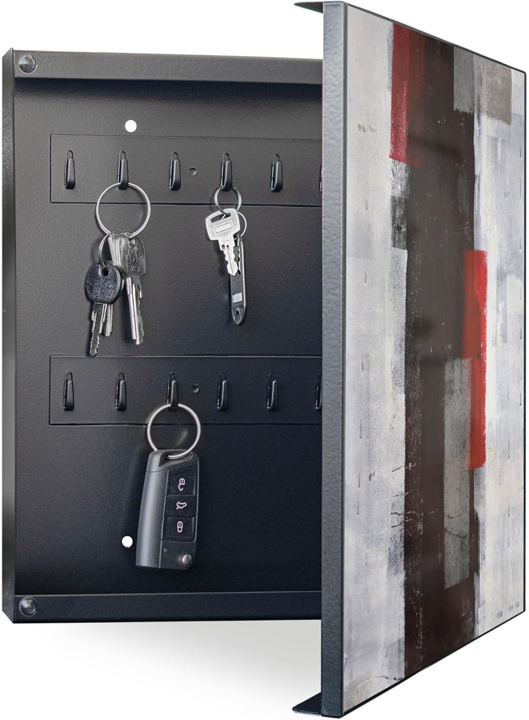 banjado® Grosser Schlüsselkasten Glas/Schlüsselbox 30cm x 30cm mit 50 Haken - Motiv Abstrakt Rot/Sch