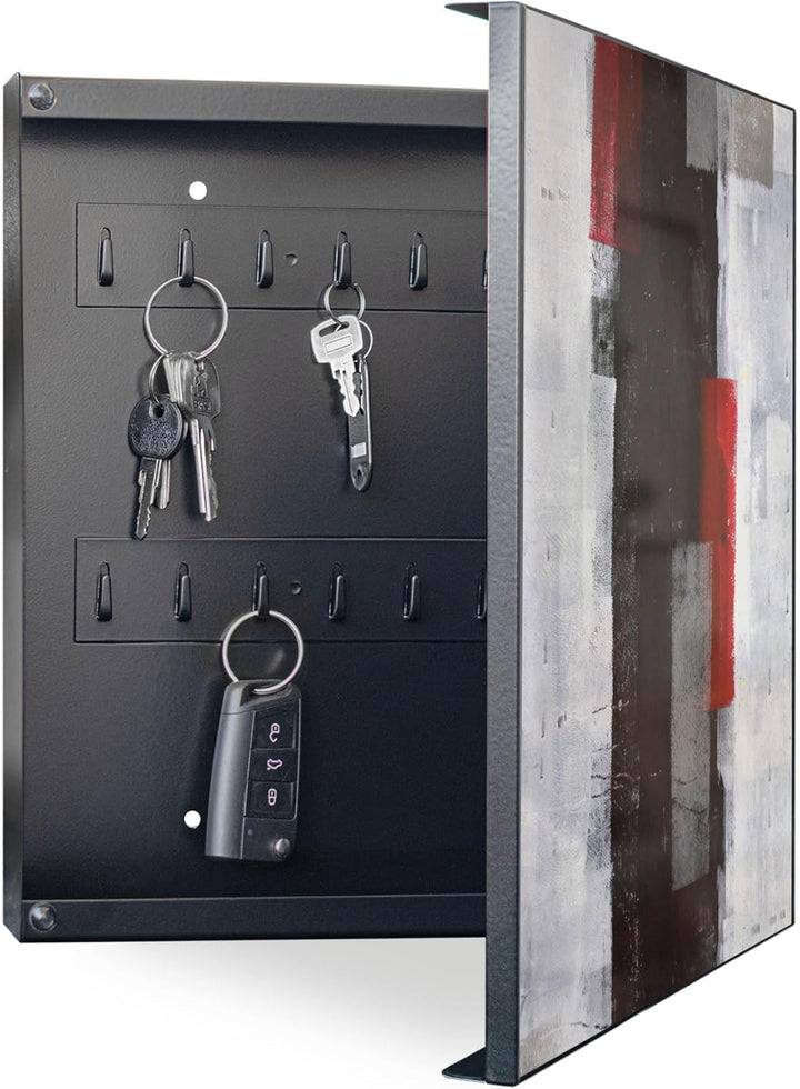 banjado® Grosser Schlüsselkasten Glas/Schlüsselbox 30cm x 30cm mit 50 Haken - Motiv Abstrakt Rot/Sch