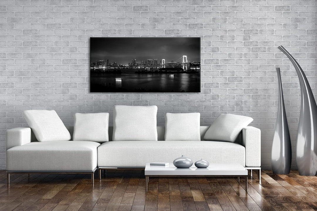Grossstadt bei Nacht Panorama 80x40 cm Effekt: Schwarz/Weiss als Leinwandbild, Motiv fertig gerahmt