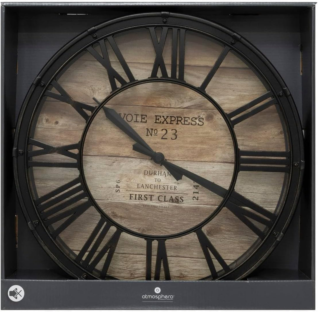 Wanduhr Vintage – Schwarz & Holz D39 cm – Atmosphera Designer Innen D. 39 x H. 7,7 cm Braun, D. 39 x