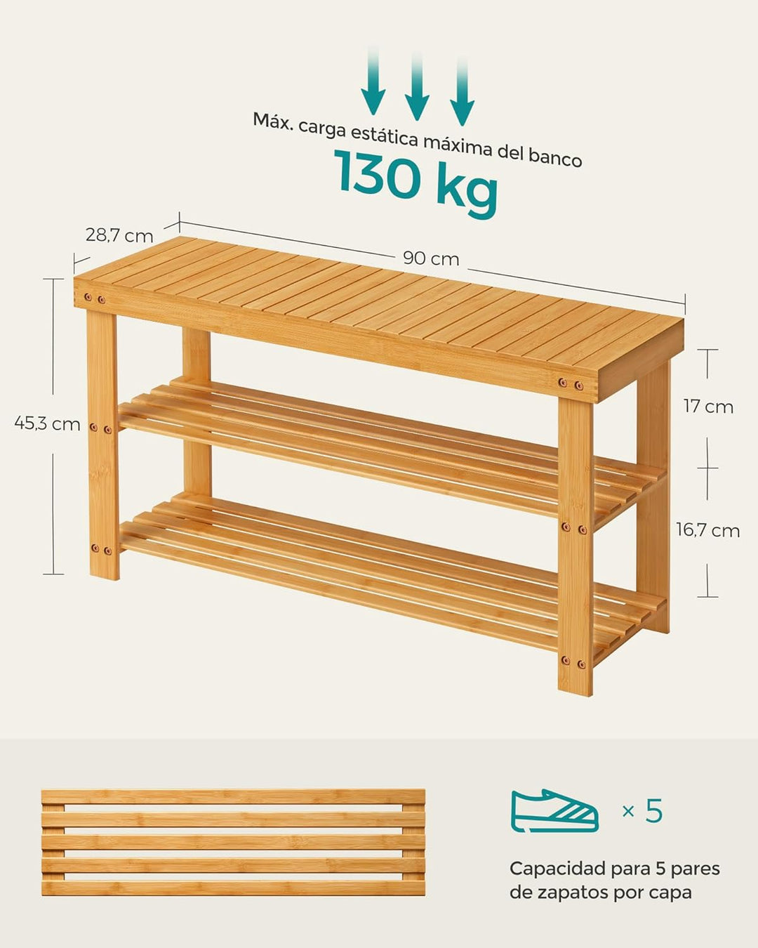SONGMICS Bambus Schuhregal, Schuhschrank mit Sitzbank, Schuhbank mit 3 Ablagen 90 x 28 x 45 cm ideal