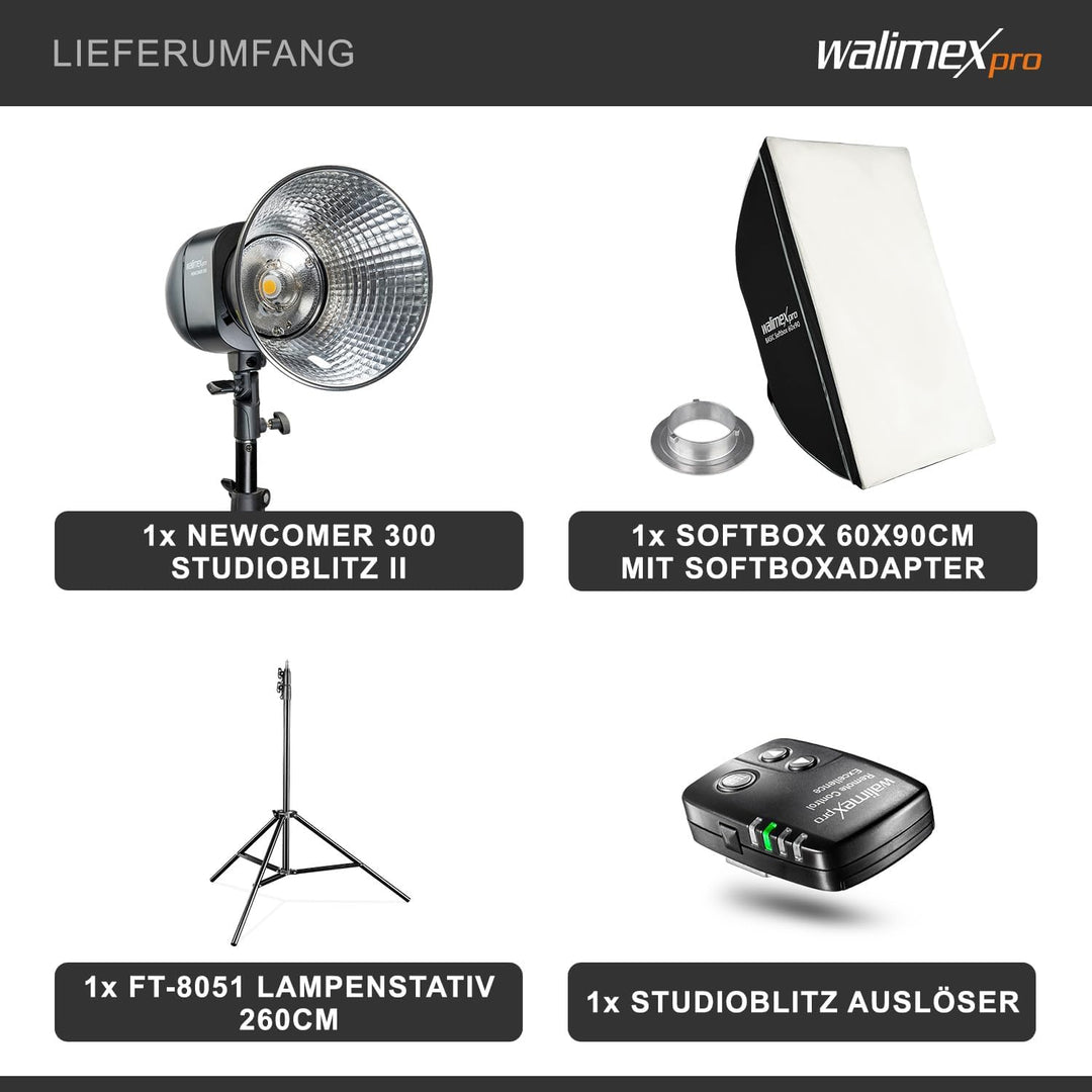 Walimex pro Newcomer 300 II Set Single - 300 Ws Blitzleistung, auslösen per Funk 2,4GHz, LED-Einstel
