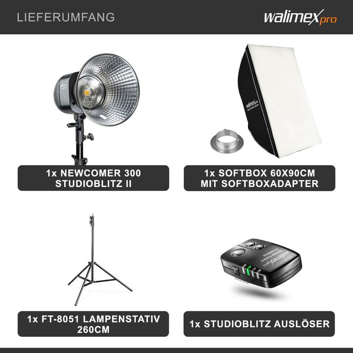 Walimex pro Newcomer 300 II Set Single - 300 Ws Blitzleistung, auslösen per Funk 2,4GHz, LED-Einstel