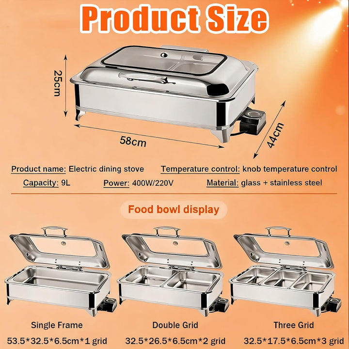 Chafing Dish Elektrisch, 9L Edelstahl Warmhaltebehälter Essen Elektrisch mit Glasdeckel, Speisewärme