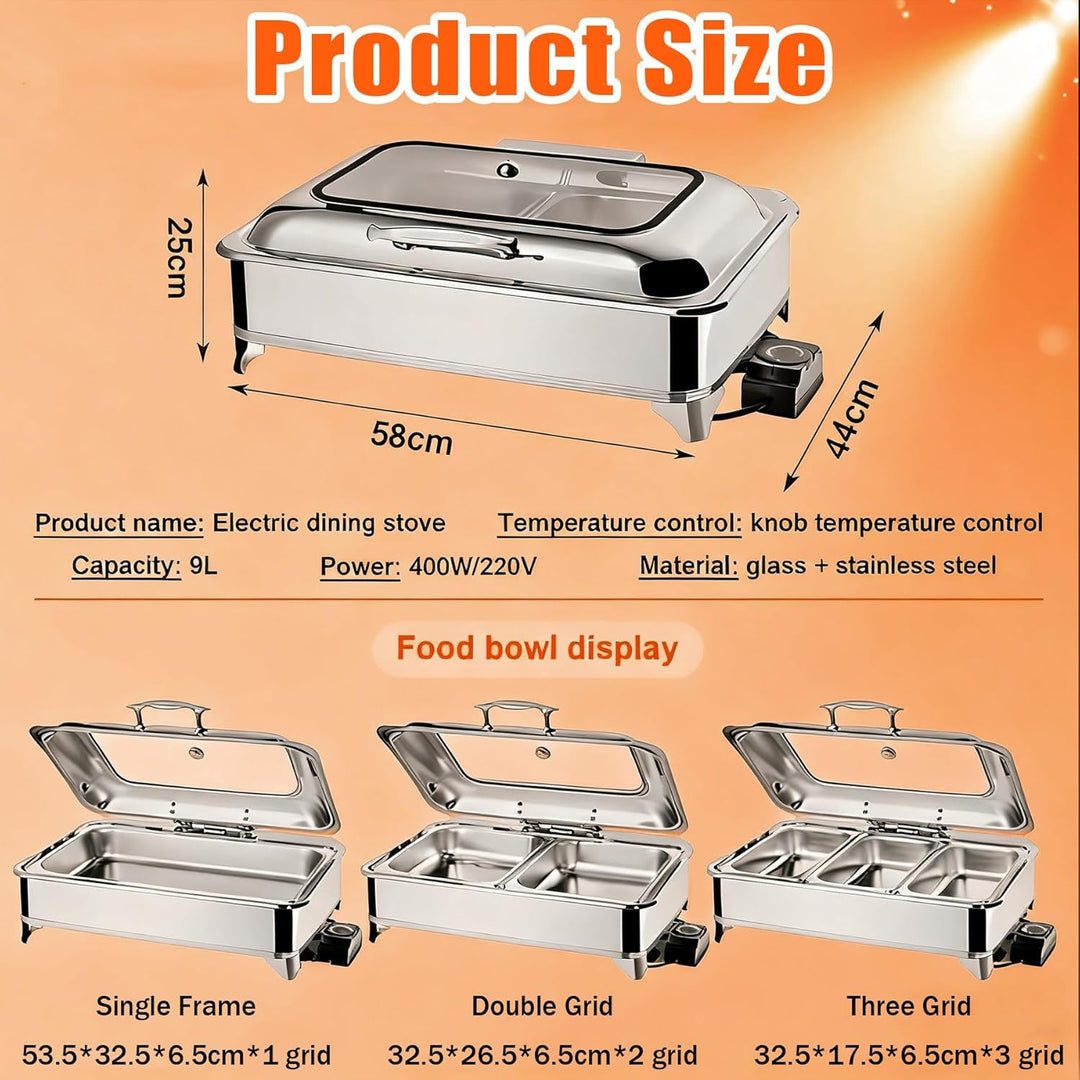 Chafing Dish Elektrisch, 9L Edelstahl Warmhaltebehälter Essen Elektrisch mit Glasdeckel, Speisewärme