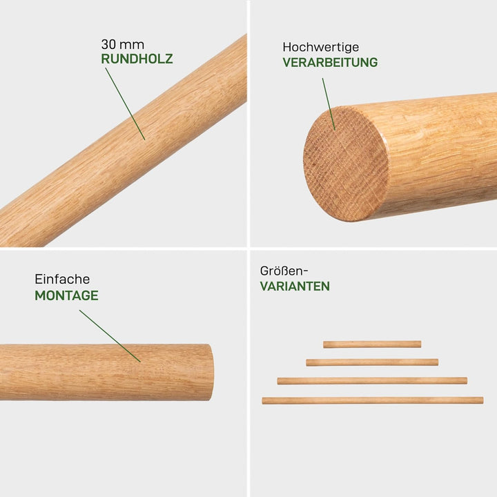 1x Natural Goods Berlin Kleiderstange Rundstab europ. Eiche Esche Massiv 50–130cm lang | Ø 3cm | unb