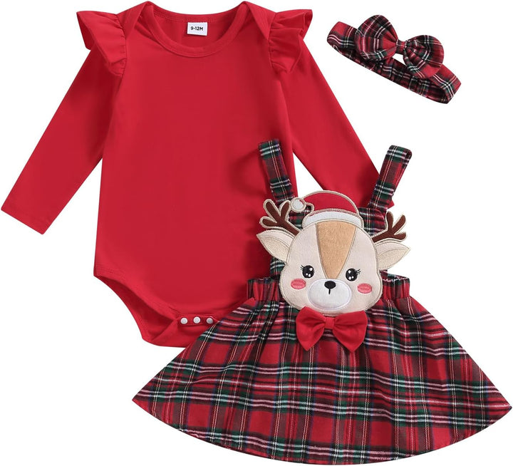 Geagodelia Weihnachtsoutfit Baby Mädchen Rentier Kariert Strapsrock + Langarm Body + Stirnband Neuge