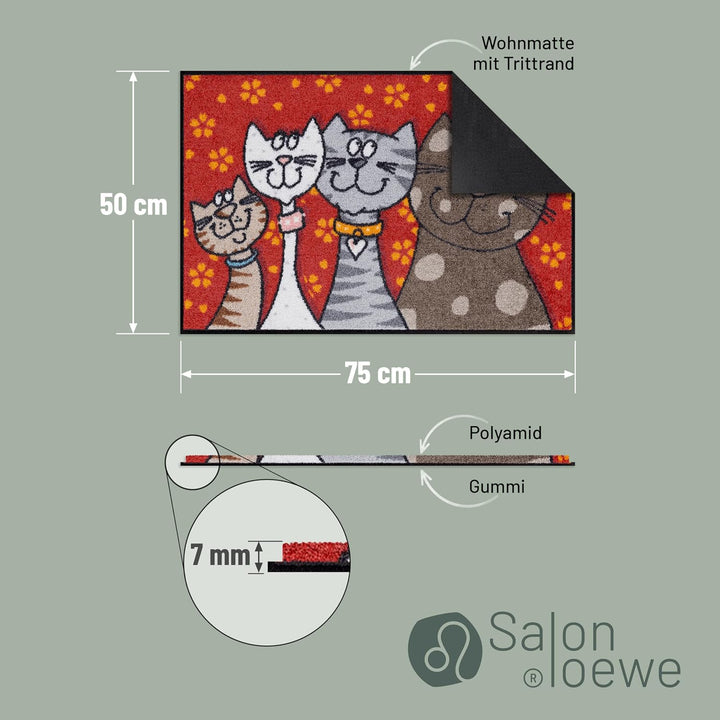 Salonloewe Fussmatte waschbar Katzenfamilie 50x75 cm HausTür-Eingangs-Matte lustig rot-bunt Tiere Fu