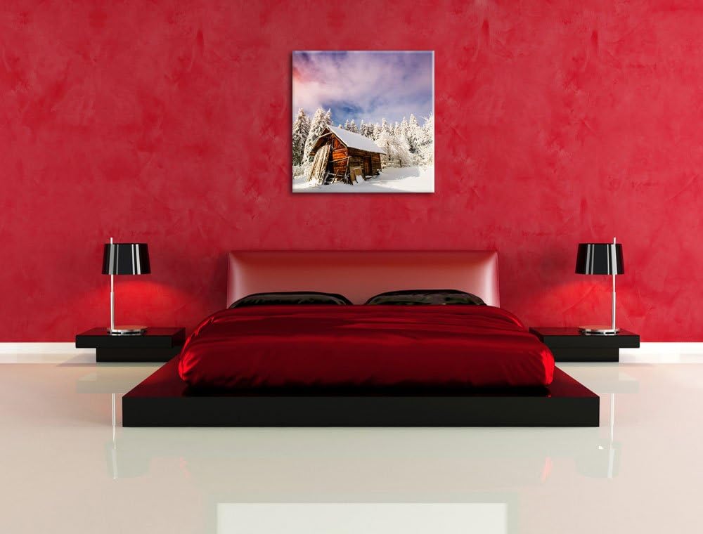 Holzhütte im Schnee, Format: 70x70 auf Leinwand, XXL riesige Bilder fertig gerahmt mit Keilrahmen, K