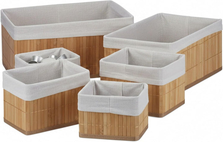 Relaxdays Aufbewahrungskorb 6er Set, mit Stoffbezug, Bambus, rechteckig, Bad, Accessoires, dekorativ