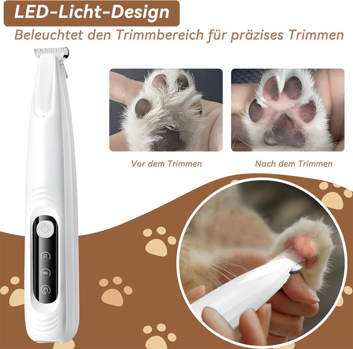 Pfotentrimmer für Hunde, Profi Hundetrimmer mit LED-Licht, Leise Haarschneidemaschine, Wasserdichter