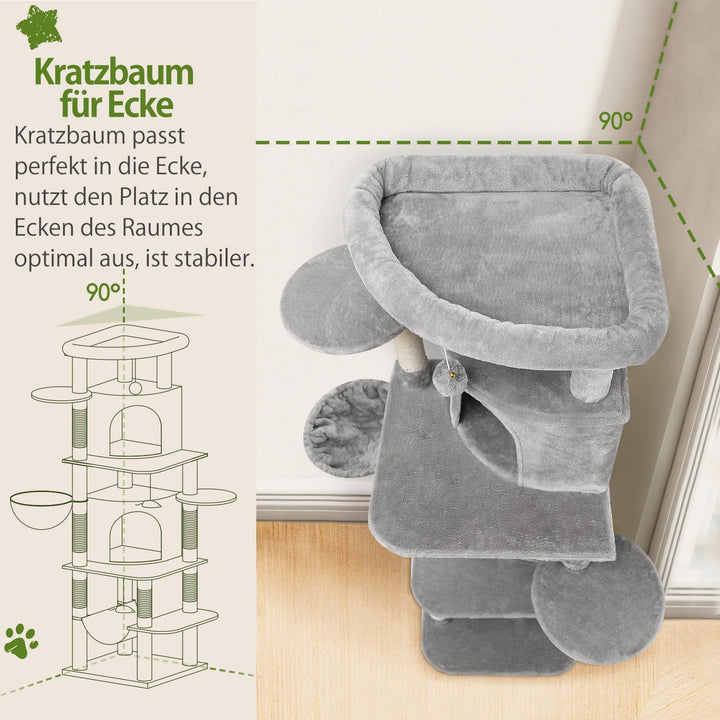 Globlazer Kratzbaum Katzen, Eckkratzbaum Stabil hoch 167 cm mit 2 Sektor Katzenhaus, Gepolsterte Pla