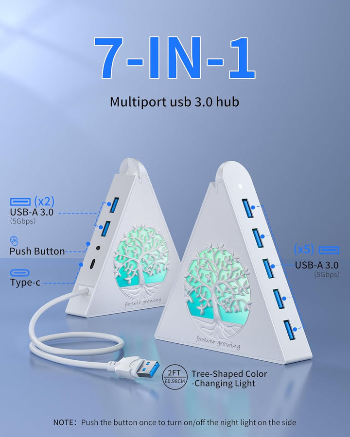 7-Port USB 3.0 Hub, Weiss Vertikaler USB Hub Splitter mit baumförmiger RGB-Beleuchtung, 5Gbps Hochge