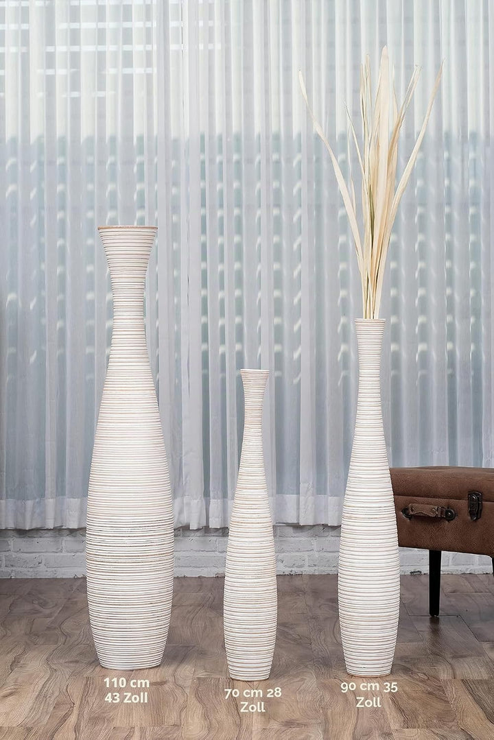 Leewadee Grosse Bodenvase für Dekozweige hohe Standvase Design Holzvase, Holz, 70 cm, White Wash 70