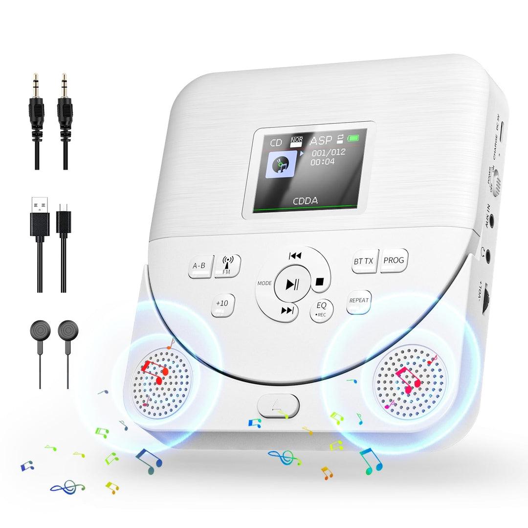 CD Player Tragbar, FELEMAN CD Player Bluetooth mit Lautsprecher/Wiederaufladbar Batterie/Display/Kop