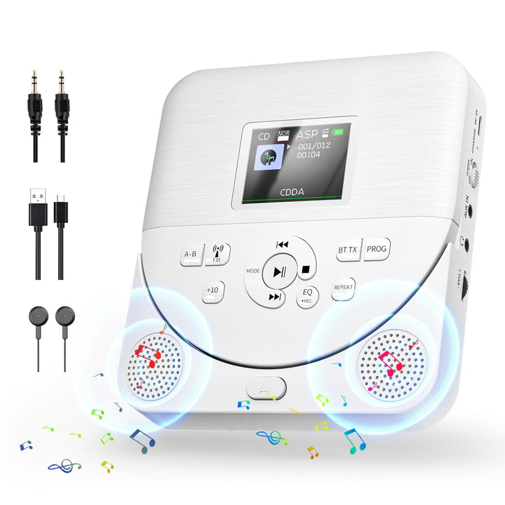 CD Player Tragbar, FELEMAN CD Player Bluetooth mit Lautsprecher/Wiederaufladbar Batterie/Display/Kop