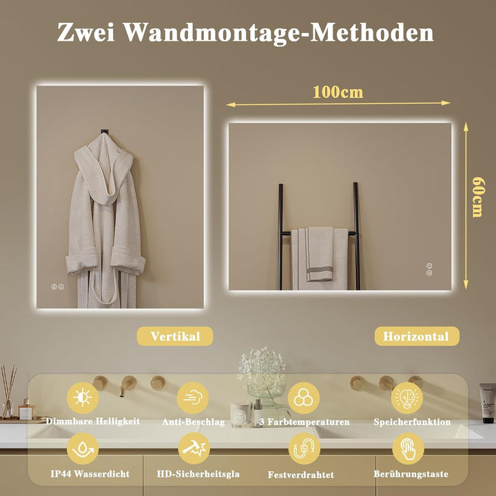 Badspiegel-mit-Beleuchtung 60x100cm - LED Badezimmerspiegel Badezimmer Spiegel mit Beleuchtung, Touc