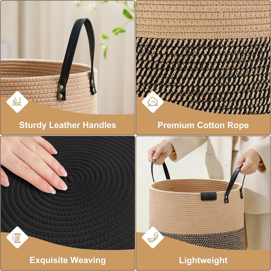 VIPOSCO Grosser Wäschekorb von Laundry mit Ledergriff, gewebter Aufbewahrungskorb für Decke, Spielze