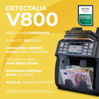 Detectalia V800 Banknotenzähler und Sortiergerät EUR, GBP, USD, CHF, MAD, Integrierter Thermodrucker