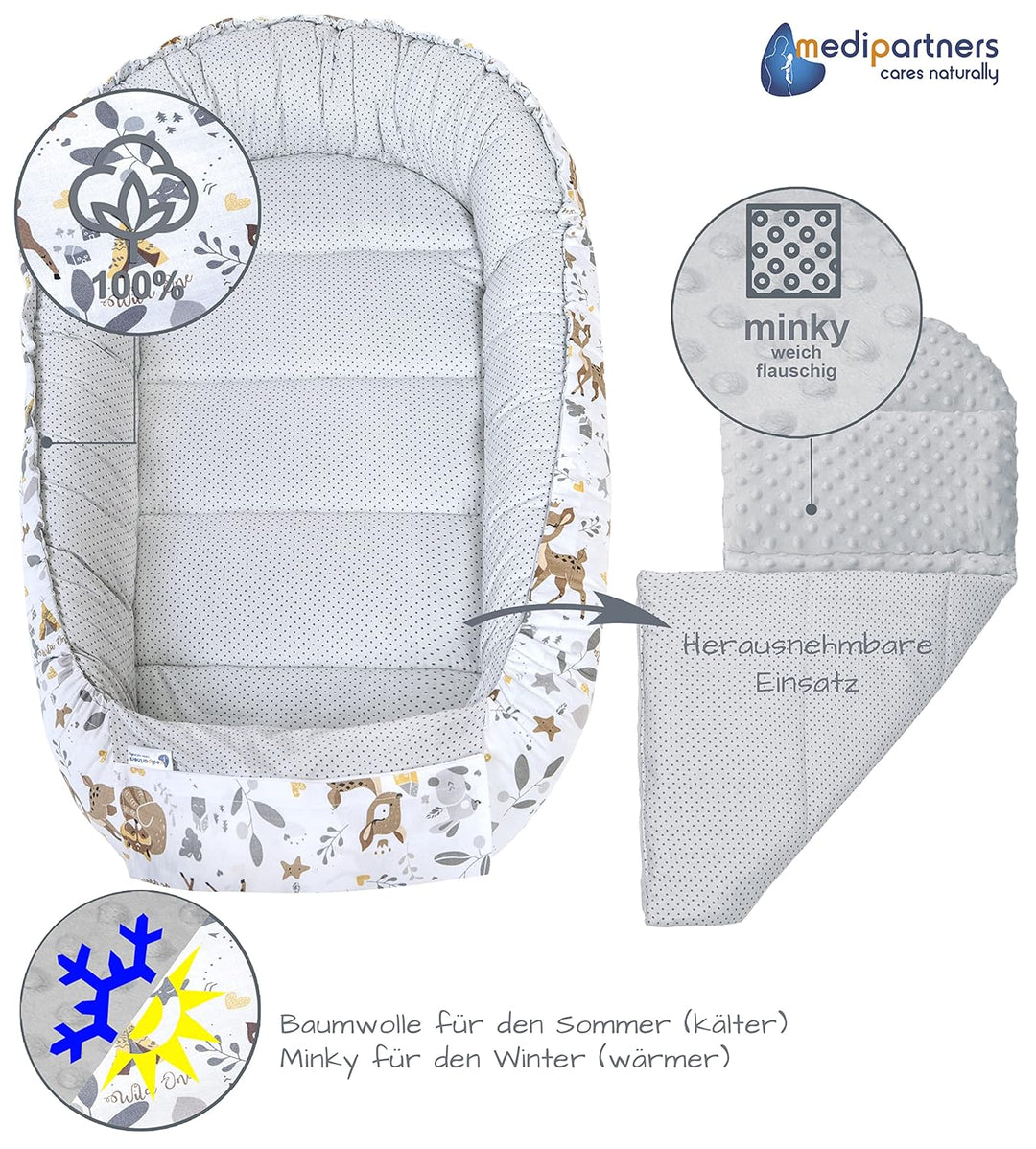 Medi Partners 5 teilig Babynestchen Set Babynest 100x60x15 herausnehmbarer Einsatz Bett Kuschelnest