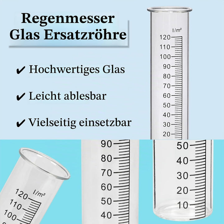 JUJOYBD 2X Ersatzgläser für Regenmesser, Glas mit Skala in l/m², Ersatz-Zylinder, Niederschlagsmesse