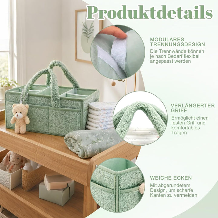 Wickeltasche für Babys, Mommy Bag aus Plüsch, Hellgrün Baby Organizer mit Abnehmbaren Fächern, Wicke