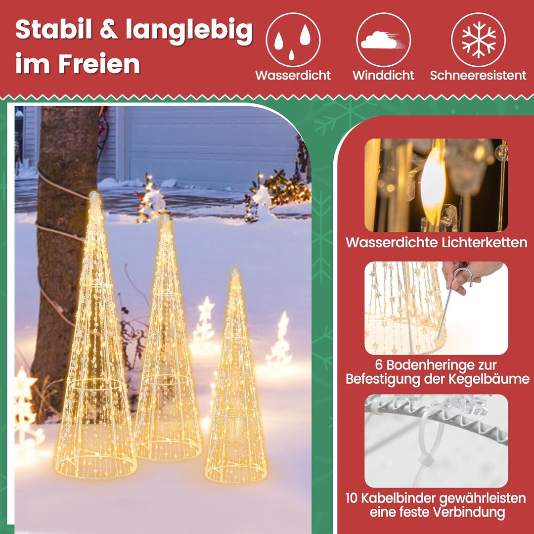 COSTWAY 3er Set LED Weihnachtsbaum in Kegelform, beleuchtete Weihnachtsdeko mit 90 warmweissen LED-L