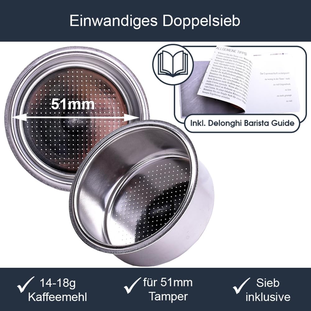 Siebträger 51mm für Delonghi Dedica EC680, EC685 & EC885 - Siebträger mit doppel Auslauf aus Walnuss