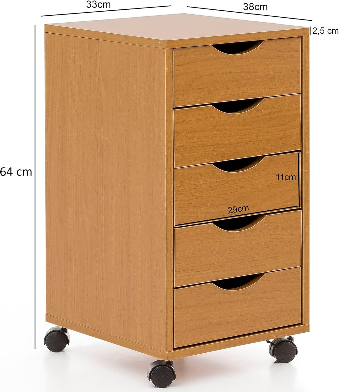FineBuy Kinder Rollcontainer 33 x 64 x 38 cm Holz 5 Schubladen | Moderner Schubladencontainer mit Ro