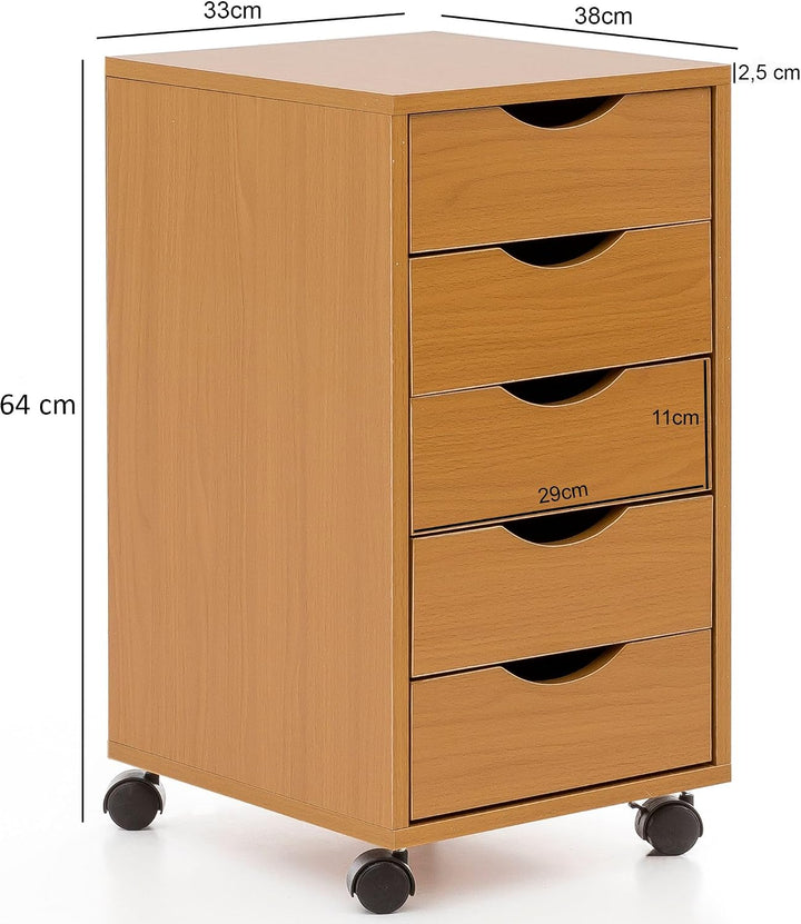 FineBuy Kinder Rollcontainer 33 x 64 x 38 cm Holz 5 Schubladen | Moderner Schubladencontainer mit Ro