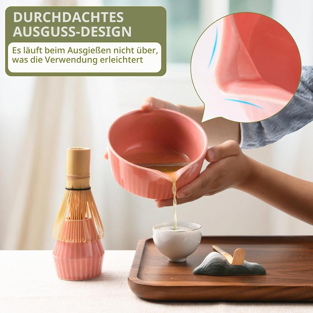 Matcha Set Premium 7-teilig Keramik: Matcha Schale, Bambus Besen (Chasen),Teebesenbasis，Teelöffel, S