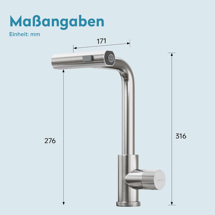 doporro Wasserhahn Küche ausziehbar, Hochdruck Küchenarmatur mit Wasserfall, 3 Strahlarten und Braus