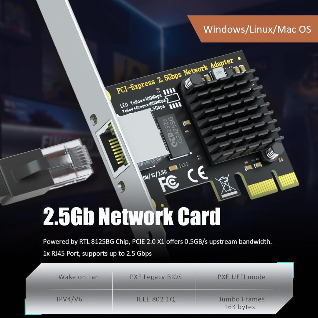 GLOTRENDS LE8105 2.5Gbps PCIe Ethernet Netzwerkkarte, RTL8125BG Chip, RJ45 LAN Port, PCIe X1 Install