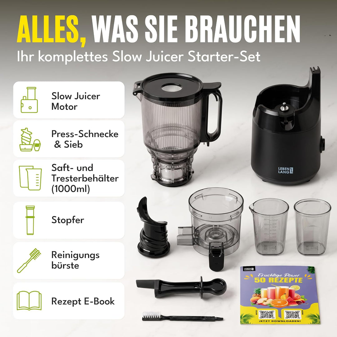 LEBENLANG Entsafter Slow Juicer - Inkl. Rezeptbuch &amp; Grosse 130mm Öffnung I Perfekt für Obst ganze F