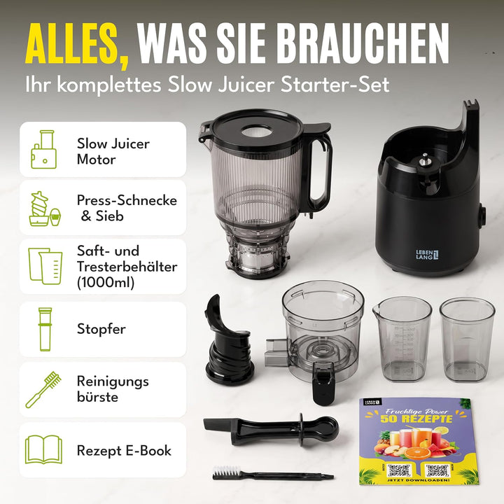 LEBENLANG Entsafter Slow Juicer - Inkl. Rezeptbuch &amp; Grosse 130mm Öffnung I Perfekt für Obst ganze F