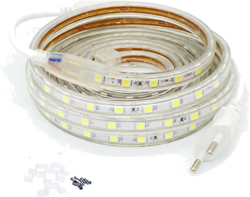 FOLGEMIR 6m Kalt Weiss LED Band, 220V 230V Lichtleiste, 60 Leds/m Strip, IP65 Lichtschlauch, milde H