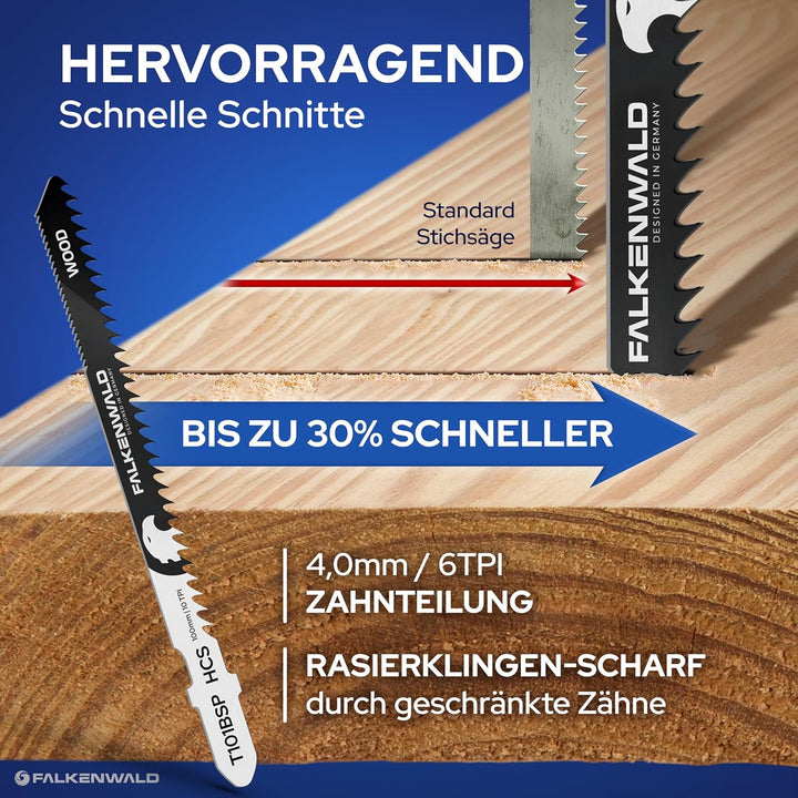 FALKENWALD® Stichsägeblätter Holz 10x T101BSP – High Speed Wood - 50mm für schnelle Schnitte - T-Sch