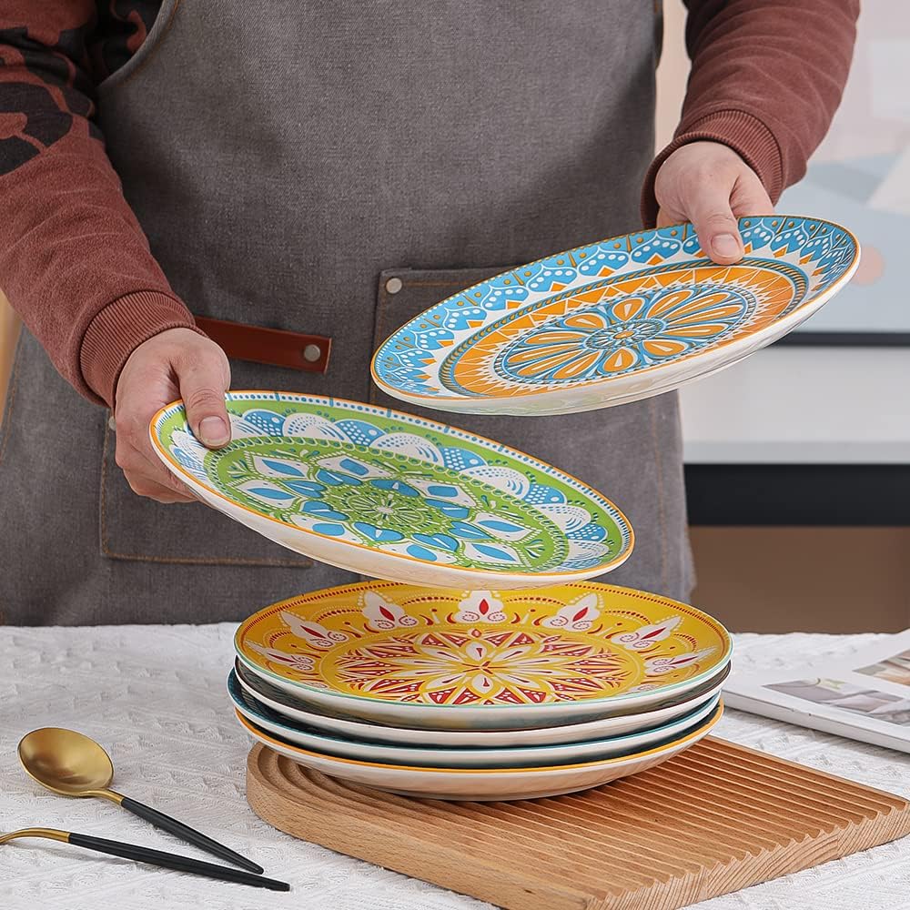 Teller Set Speiseteller Essteller Porzellan - Bunt Gross 25 cm - Flache Keramik Mikrowellen und Spül
