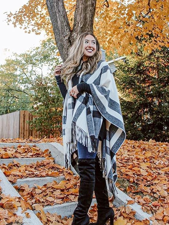 breezy lane Damen Schal Wrap Plaid Poncho Cape Übergrosse Open Front Strick Umhang Quaste Decke Card