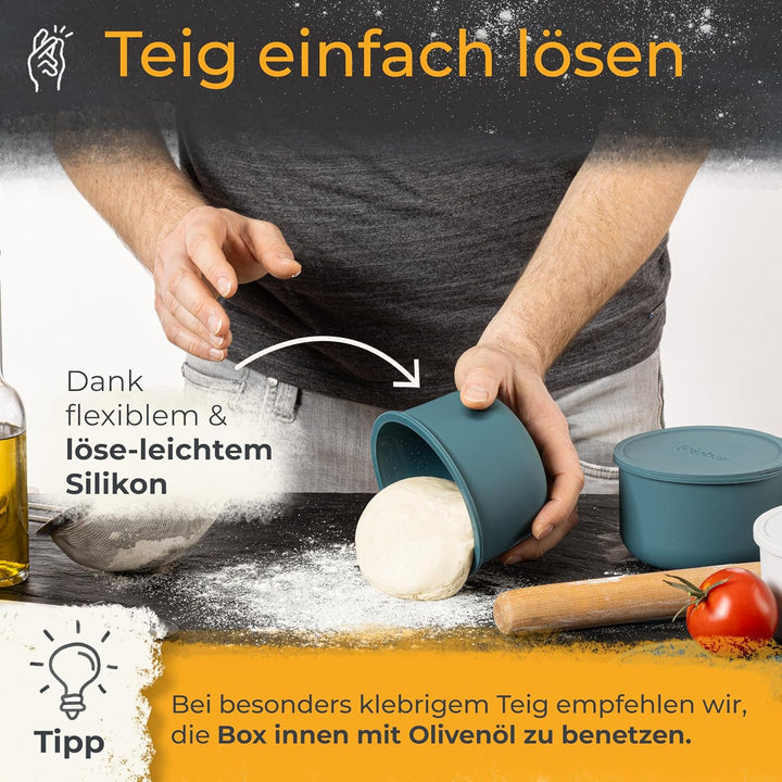 Teigbar Pizzaballenbox mit Deckel, 2er Set - innovative Teigbox aus löse-leichtem Silikon - Pizzatei