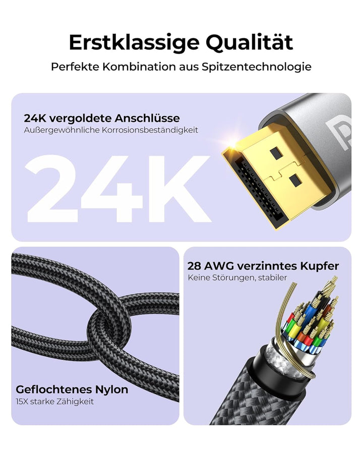 Silkland Displayport Kabel 1.4 240Hz 5M 4K@144Hz, 2K@240Hz, 2K@165Hz, 8K@60Hz, HBR3 32.4Gbps, HDR, D