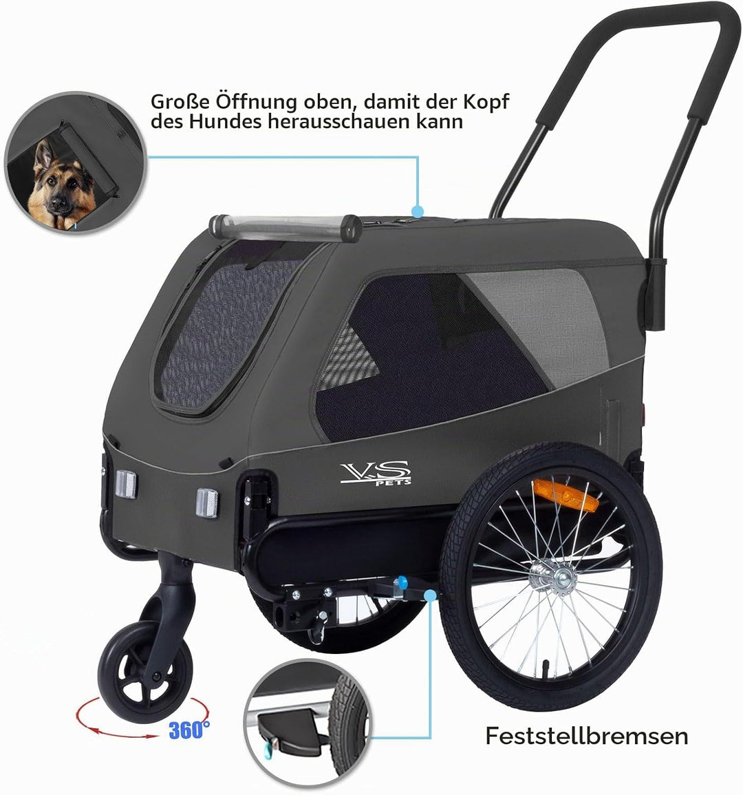 Tiggo VS Pets Medium Hundeanhänger &amp; Buggy 2in1 Fahrradanhänger Hundebuggy Jogger 80204 Grau, Grau