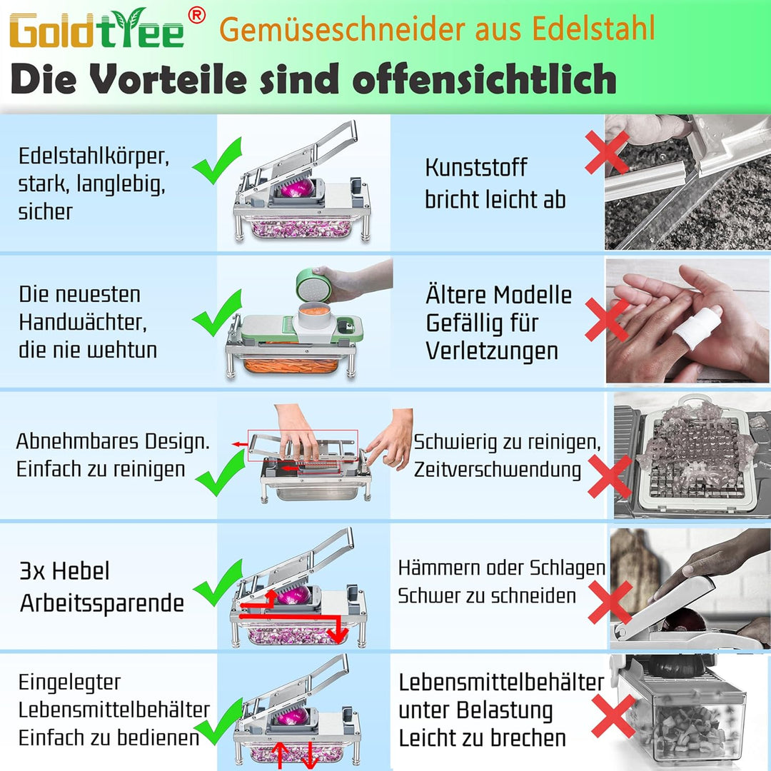 Gemüseschneider, Gemüsehobel mit 8 Klingen, Zwiebelschneider mit Behälter, Pro All-in-1 Lebensmittel