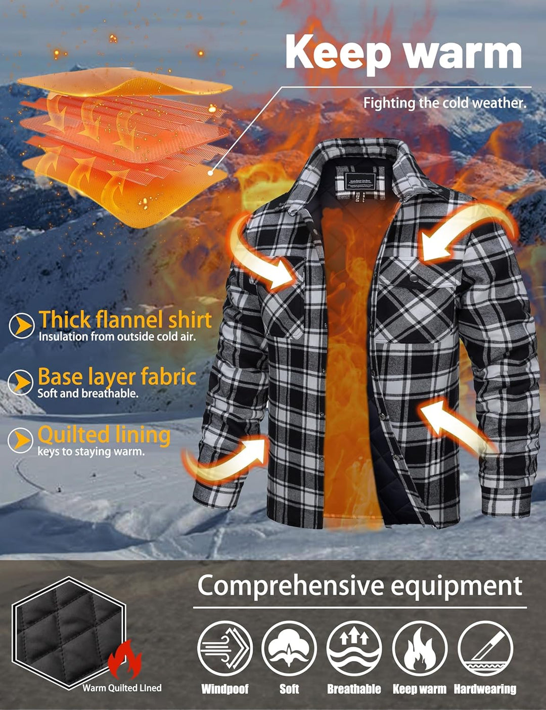TACVASEN Herren Karierte Hemdjacke Flanellhemd Holzfällerhemd Thermohemd Jacke M Schwarz, M Schwarz