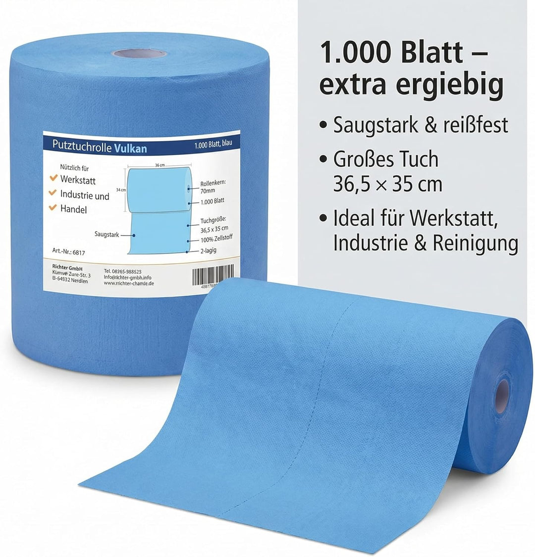 Putztuchrolle saugstark | 2-lagig | 1.000 Blatt | 36,5 x 35 cm | Für Werkstatt, Industrie und Handel