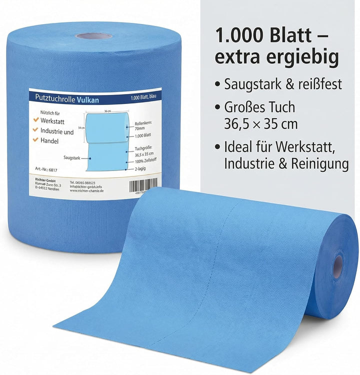 Putztuchrolle saugstark | 2-lagig | 1.000 Blatt | 36,5 x 35 cm | Für Werkstatt, Industrie und Handel